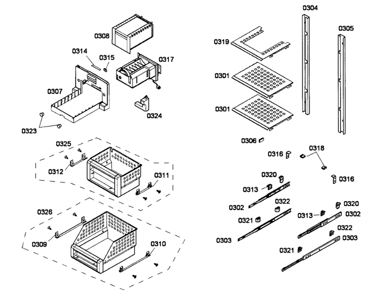 Baskets Diagram and Parts List for T18BD80FLE  Thermador Freezer