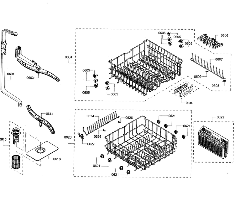 Baskets Diagram and Parts List for SHE3AR72UC 06 Bosch Dishwasher