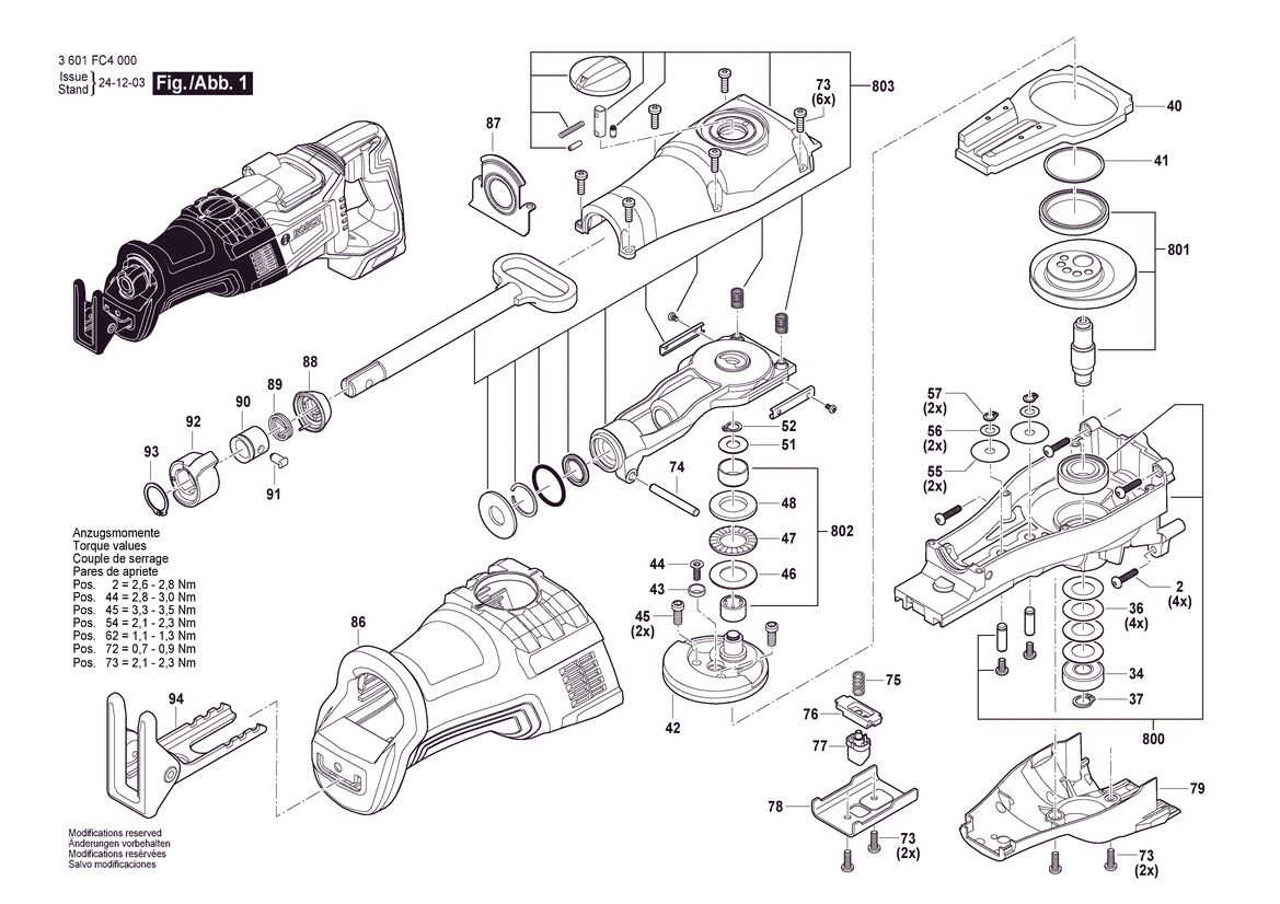 Figure 1 Diagram and Parts List for 3601FC4010 GSA18V-126 Bosch Reciprocating Saw