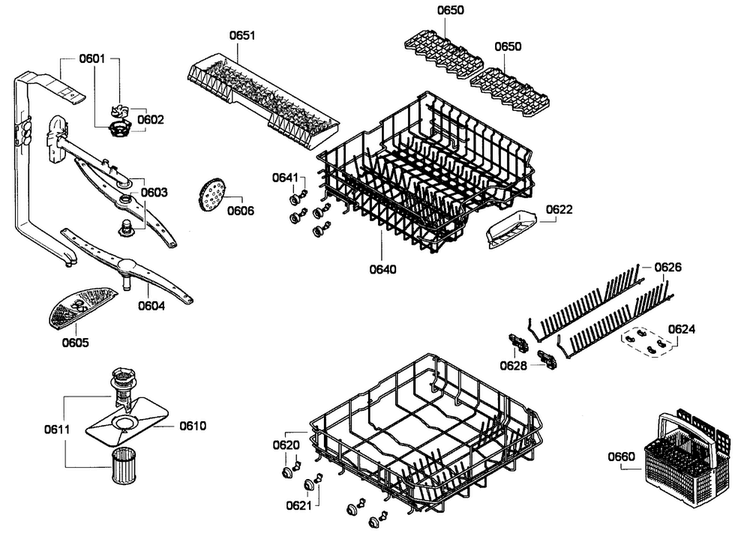 Basket Assy Diagram and Parts List for SGE63E06UC 01 Bosch Dishwasher