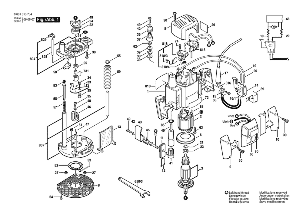 Section 1 Diagram and Parts List for GOF1300ACE 0601613734 Bosch Router