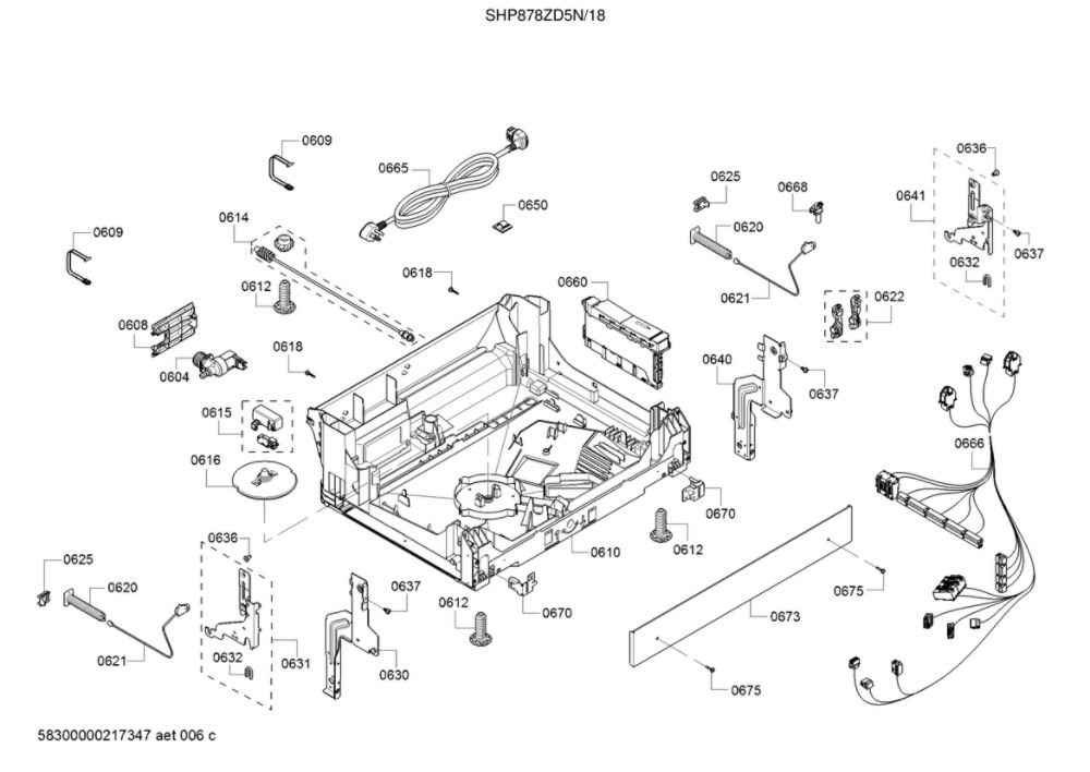 Base/Main Harness/Power Cord Diagram and Parts List for SHP878ZD5N 18 Bosch Dishwasher