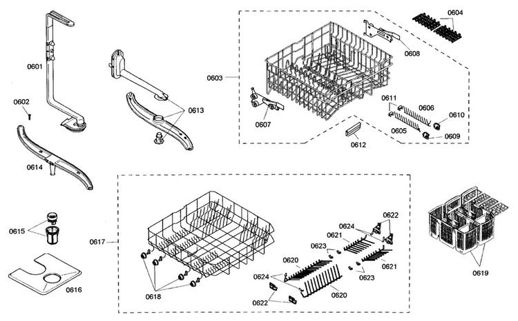 Racks Assy Diagram and Parts List for SHE45M02UC 46 Bosch Dishwasher
