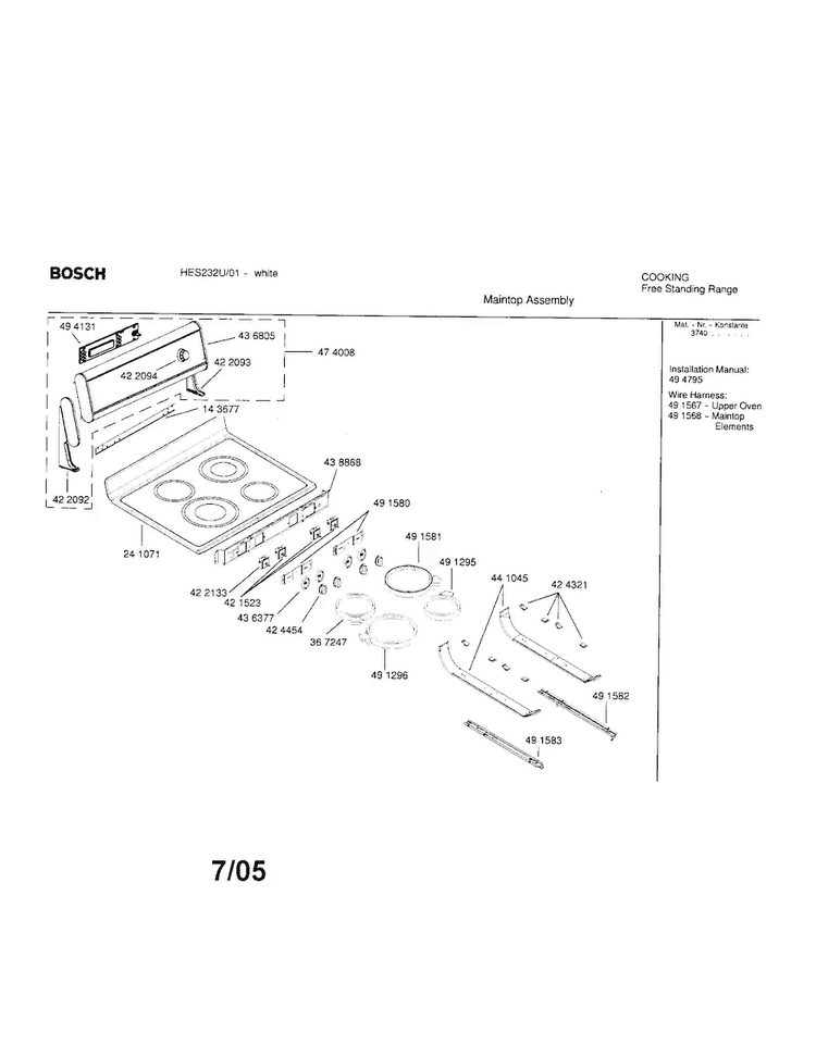 Maintop Assembly Diagram and Parts List for HES232U 01 Bosch Range