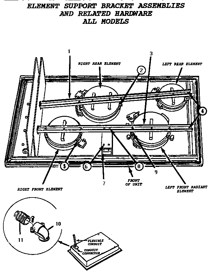 Element Support Bracket Assemblies Diagram and Parts List for CR30W  Thermador Cooktop