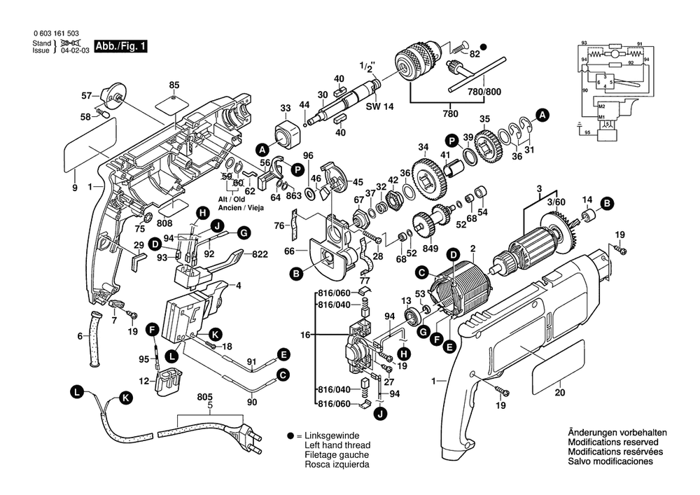 Section 1 Diagram and Parts List for 0603161534  Bosch Hammer Drill