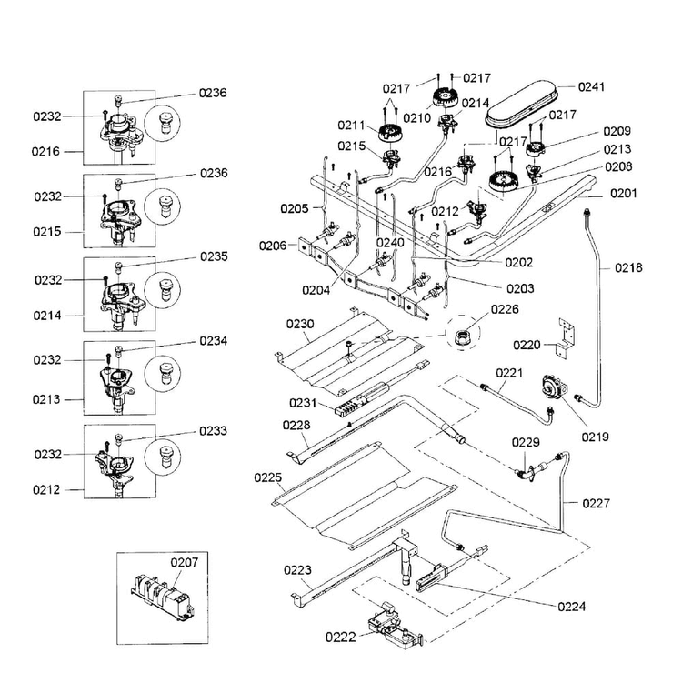 Burners Assy Diagram and Parts List for HGS5053UC 05 Bosch Range