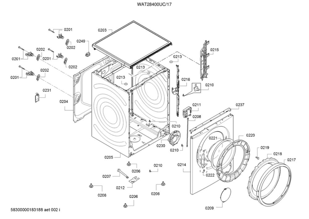 Cabinet Parts Diagram and Parts List for WAT28400UC 17 Bosch Washer