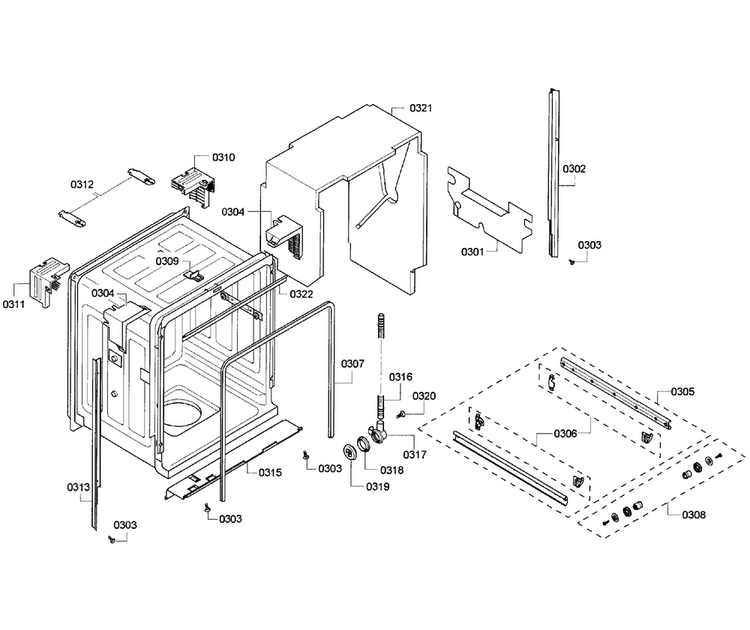 Cabinet Diagram and Parts List for SHX65P06UC 63 Bosch Dishwasher
