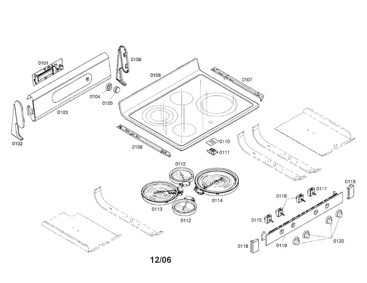 Cooktop Diagram and Parts List for HES7132U 01 Bosch Range