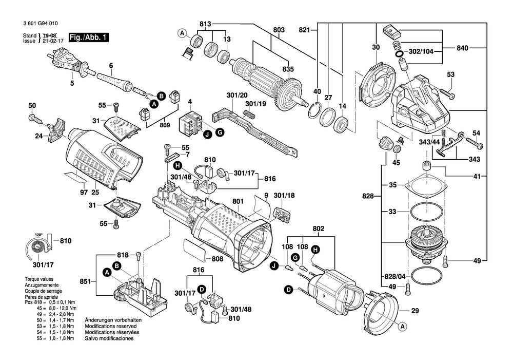 Diagram 1 Diagram and Parts List for AG50-11VS 3 601 G94 010 Bosch Angle Grinder