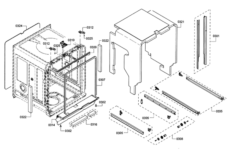 Frame & Cabinet Diagram and Parts List for SHE7PT55UC 02 Bosch Dishwasher