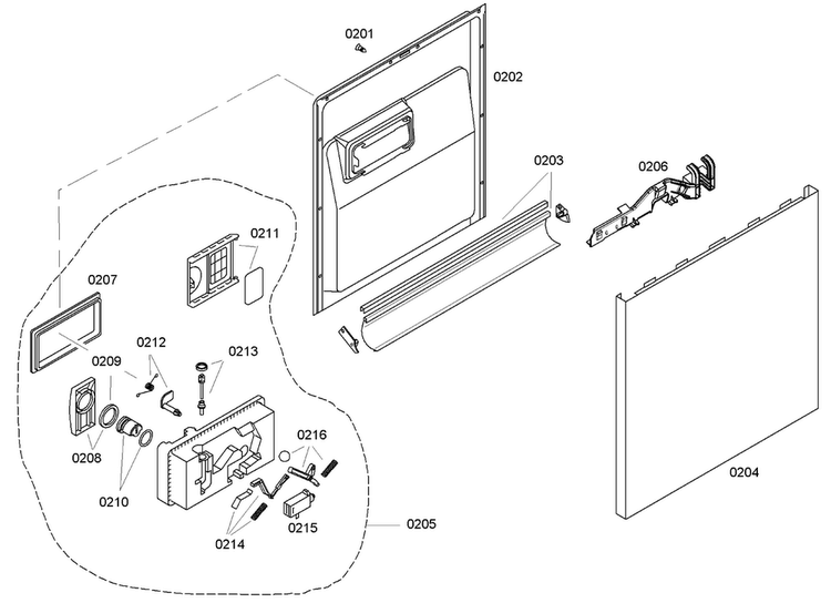 Door Assy Diagram and Parts List for SHE43C06UC 18 Bosch Dishwasher