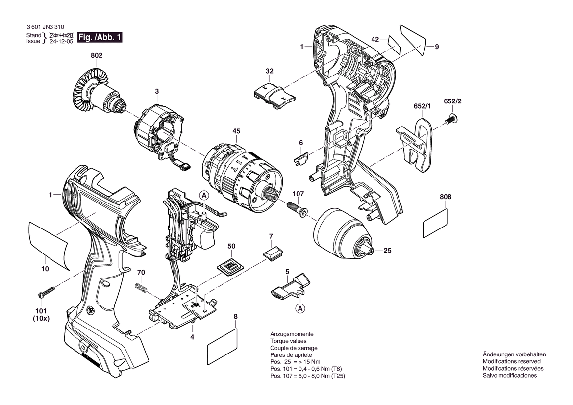 Figure 1 Diagram and Parts List for 3601JN3310 GSB18V-65 Bosch Cordless Drill