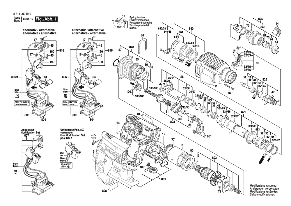 Section 1 Diagram and Parts List for GBH36VRE 3611J00R10 Bosch Hammer Drill