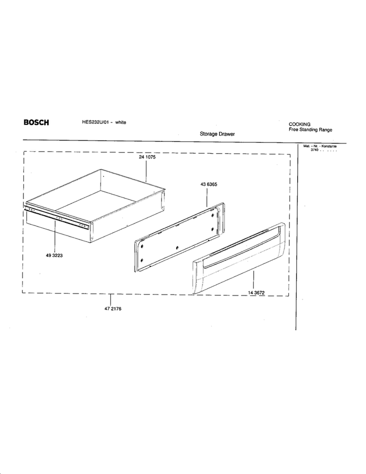 Storage Drawer Diagram and Parts List for HES232U 01 Bosch Range