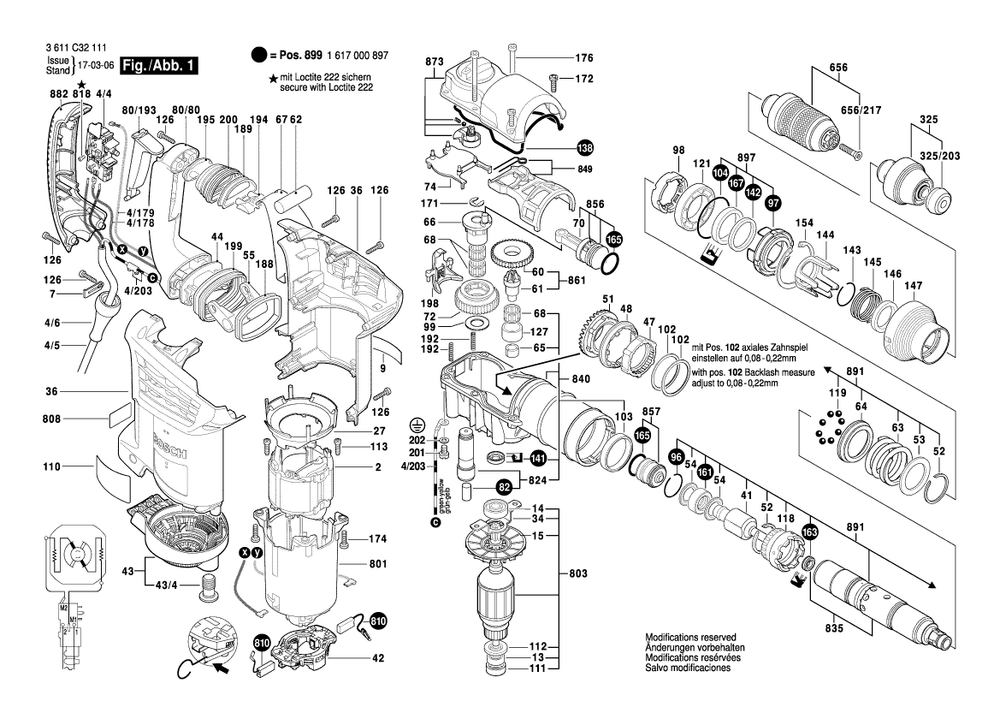 Diagram 1 Diagram and Parts List for RH432VCQ 3 611 C32 111 Bosch Hammer Drill