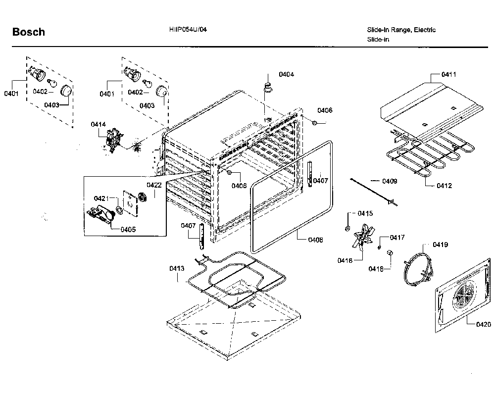 Cavity asy 1 Diagram and Parts List for HIIP054U 04 Bosch Range