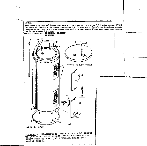 Non-functional Replacement Parts Diagram and Parts List for 153321381  Kenmore Water Heater