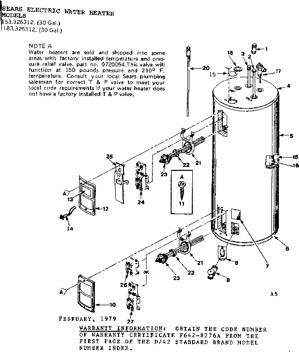 Replacement Parts Diagram and Parts List for 153326312  Kenmore Water Heater