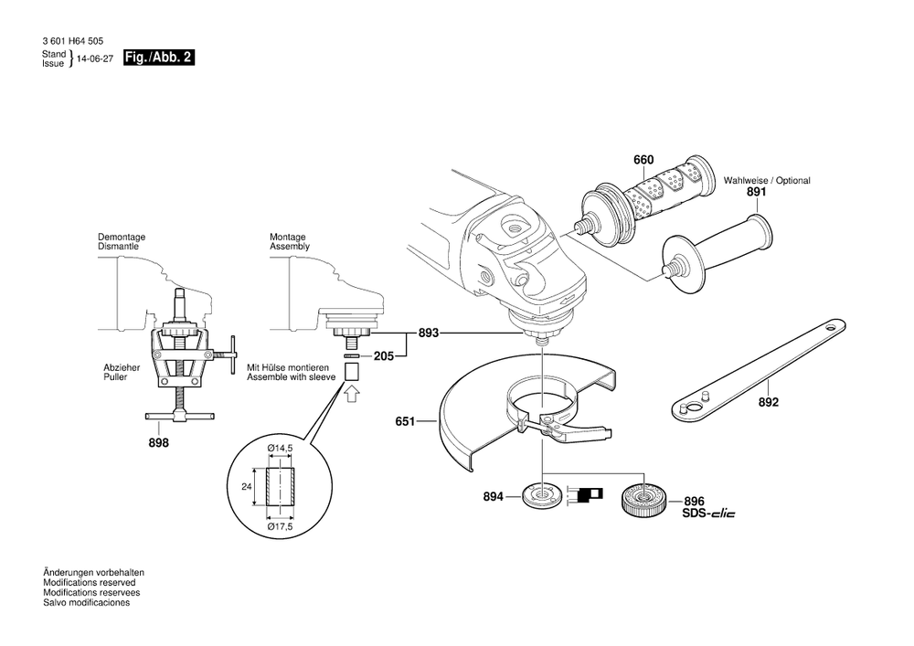 Diagram 2 Diagram and Parts List for GWS24-230JVX 3 601 H64 506 Bosch Angle Grinder