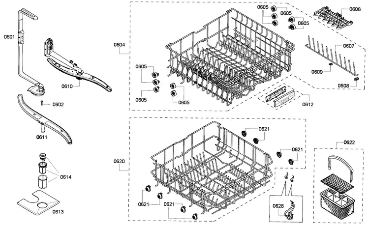 Baskets Diagram and Parts List for SHE43F16UC 58 Bosch Dishwasher