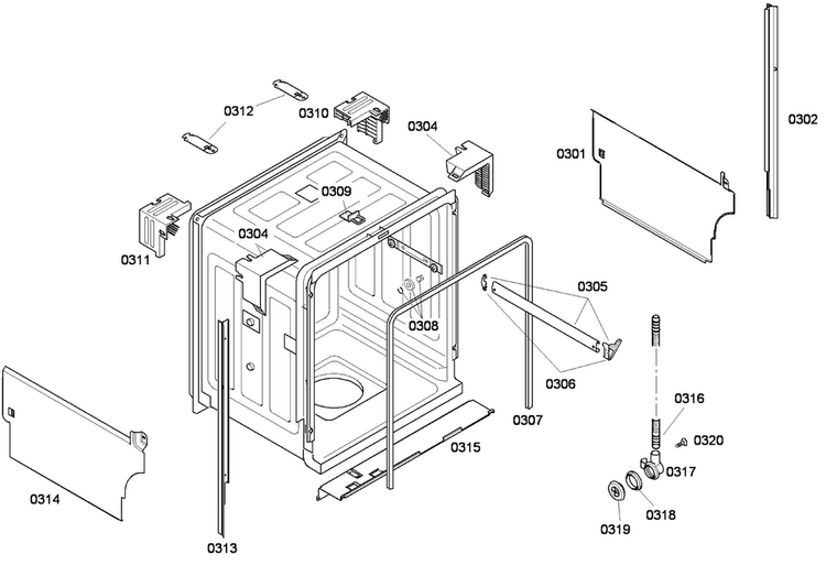 Cabinet Diagram and Parts List for SHE43F05UC 50 Bosch Dishwasher