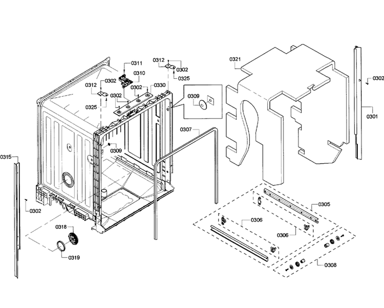 Cabinet Diagram and Parts List for SHE6AF02UC 06 Bosch Dishwasher