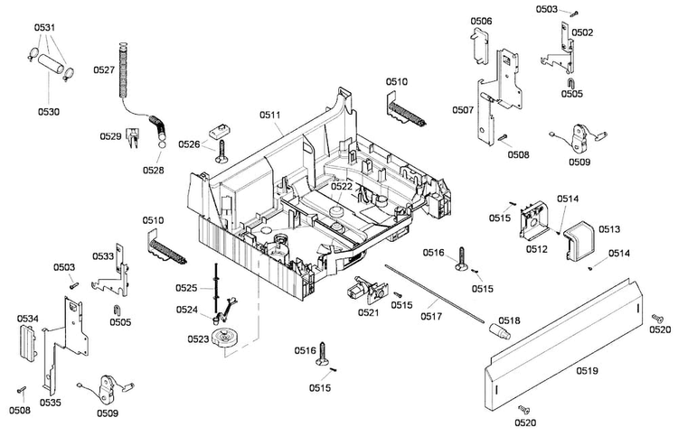 Base Assy Diagram and Parts List for SHE43F02UC 48 Bosch Dishwasher