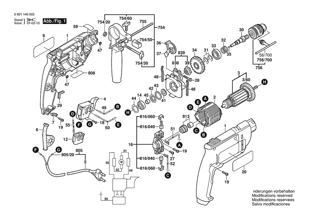 Section 1 Diagram and Parts List for GSB16 0601140030 Bosch Hammer Drill