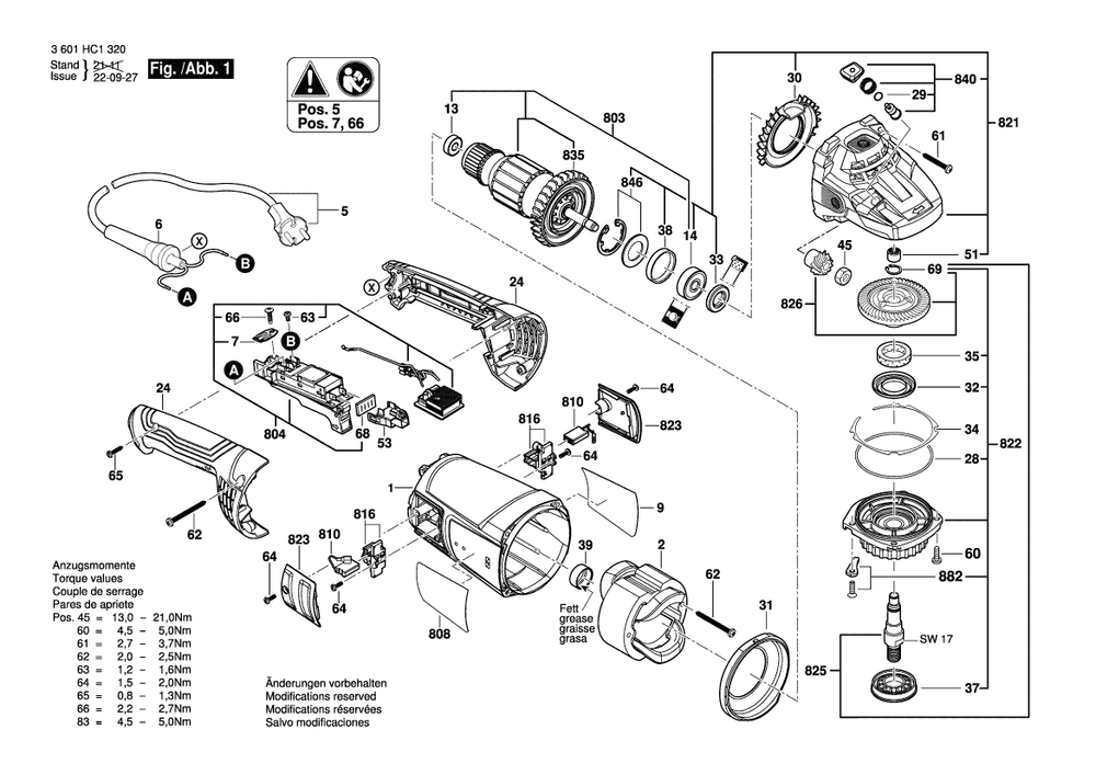 Diagram 1 Diagram and Parts List for GWS22-230J 3 601 HC1 300 Bosch Angle Grinder