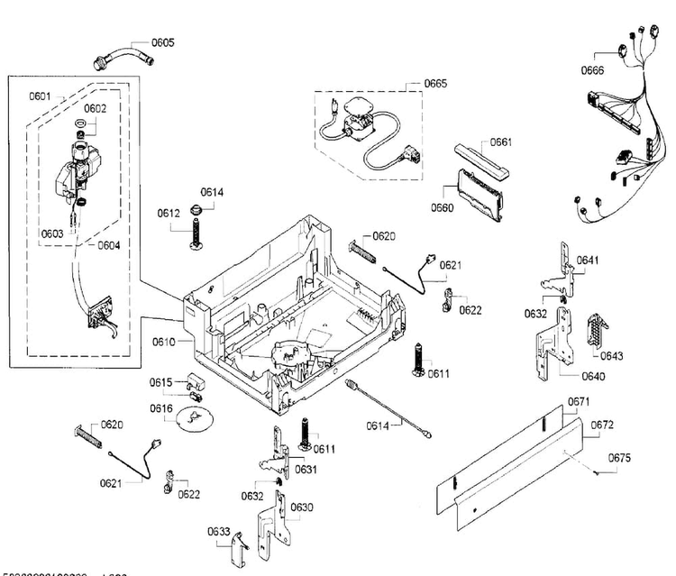 Base Diagram and Parts List for SGE53U55UC B3 Bosch Dishwasher