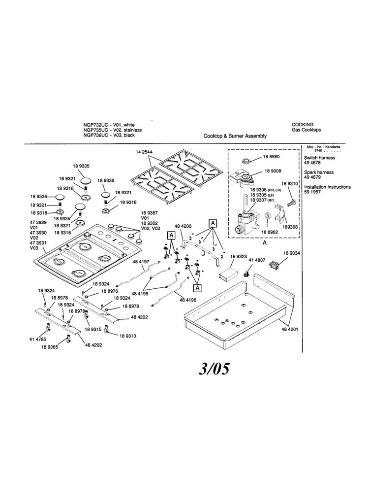 Gas, Cooktop Diagram and Parts List for NGP732UC 01 Bosch Cooktop