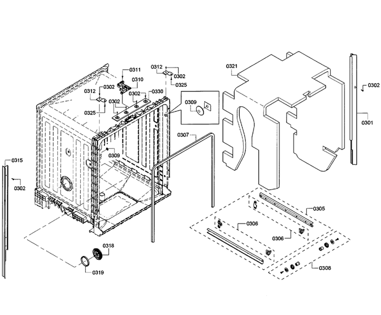 Cabinet Diagram and Parts List for SHE3AR76UC 08 Bosch Dishwasher
