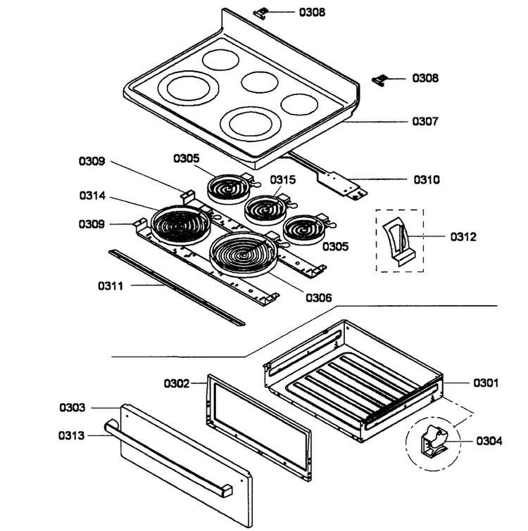 Top/drawer Diagram and Parts List for HES5053U 01 Bosch Range