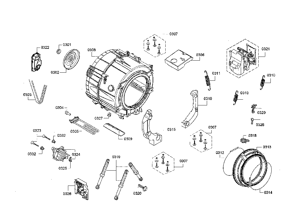 Drum/power module Diagram and Parts List for WAW285H2UC 12 Bosch Washer