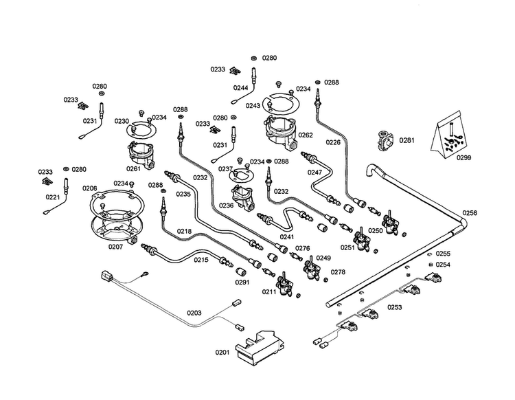 Burners & Valves Diagram and Parts List for PCK755UC 01 Bosch Cooktop