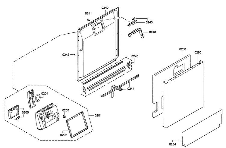Door Assy Diagram and Parts List for SHE68E15UC 01 Bosch Dishwasher