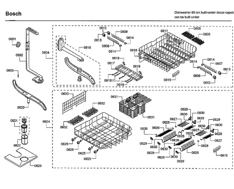 Baskets Diagram and Parts List for SHE66C02UC 47 Bosch Dishwasher
