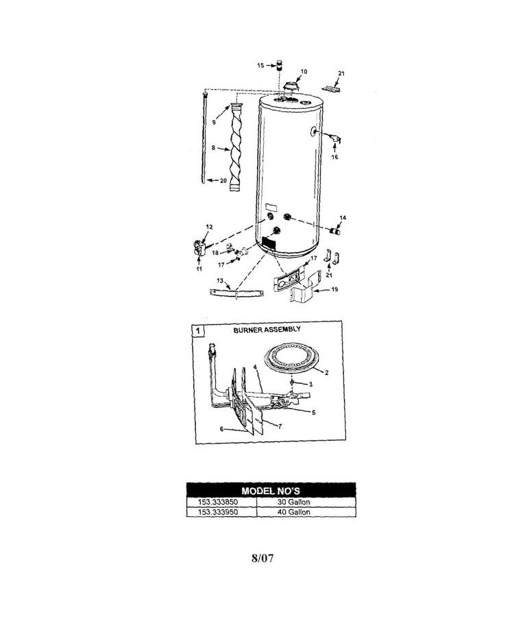 Water Heater Diagram and Parts List for 153333850  Kenmore Water Heater