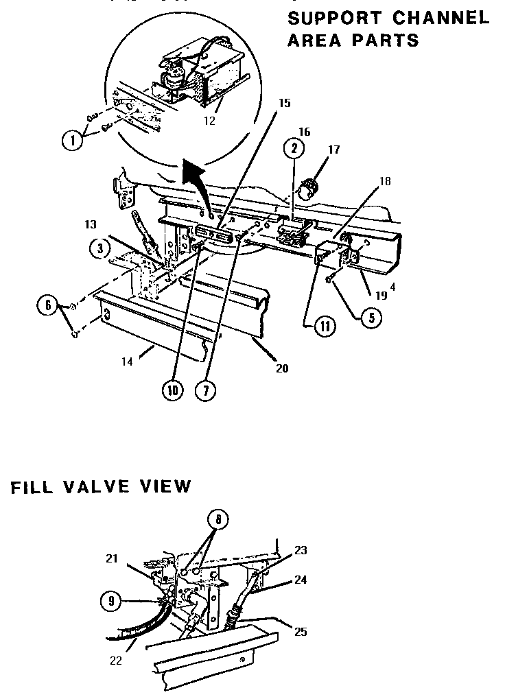 Support Channel & Fill Valve Diagram and Parts List for TD5000S  Thermador Dishwasher