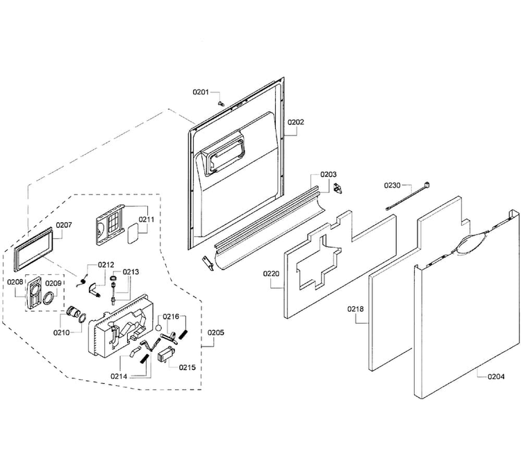 Door Assy Diagram and Parts List for SHE55M12UC 64 Bosch Dishwasher