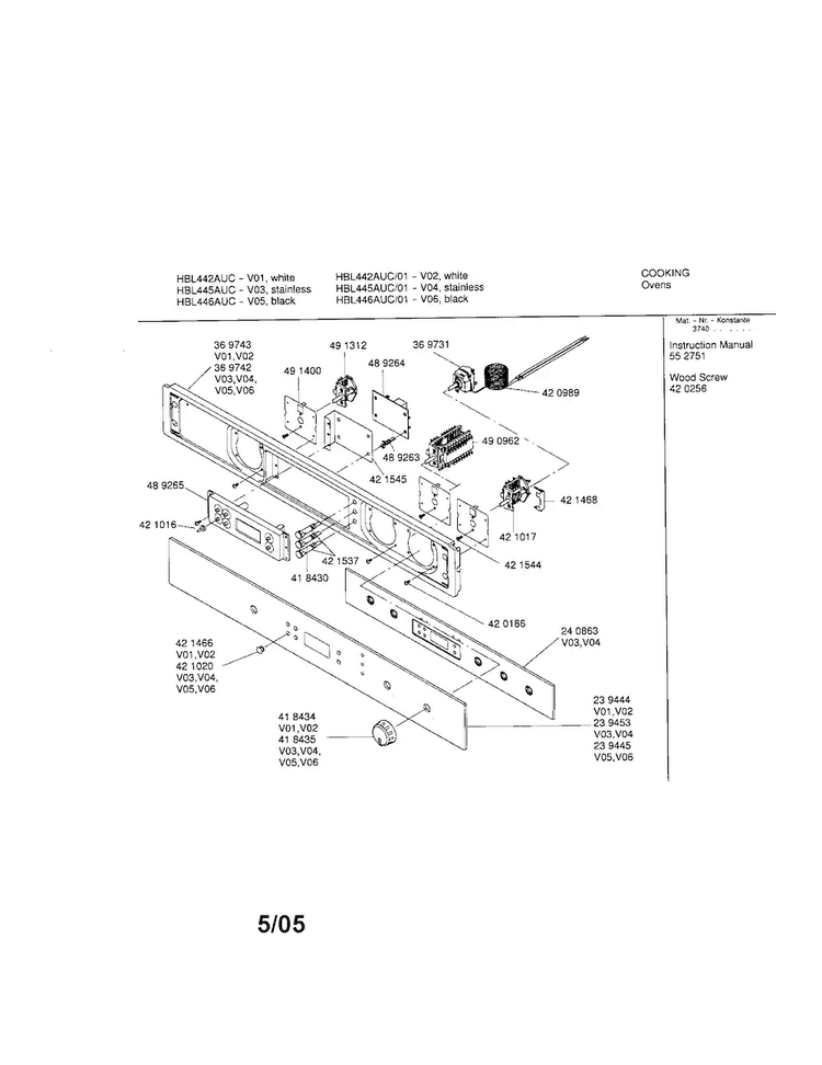 Fascia Panel Diagram and Parts List for HBL445AUC 01 Bosch Wall Oven