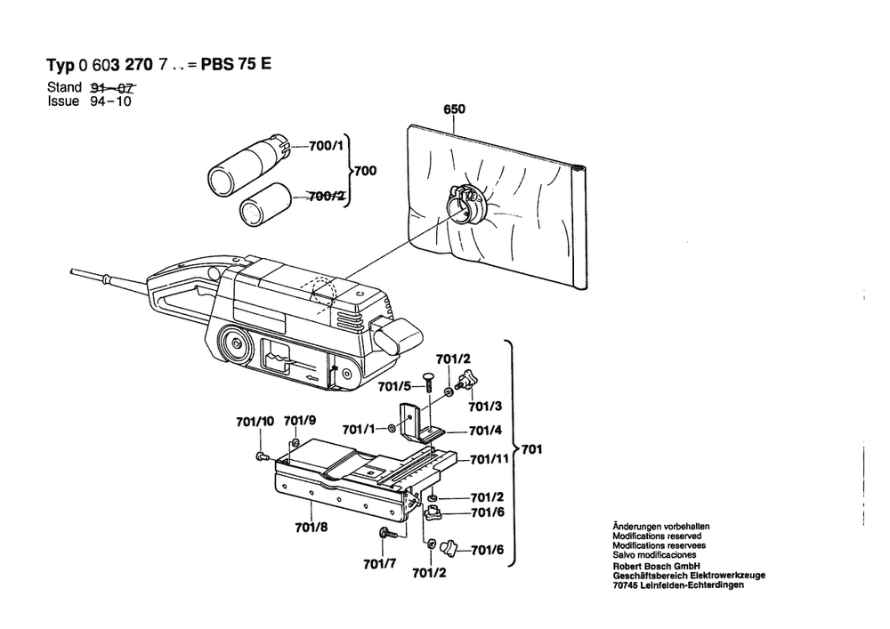 Section 2 Diagram and Parts List for PBS75E 0603270750 Bosch Belt or Drum Sander