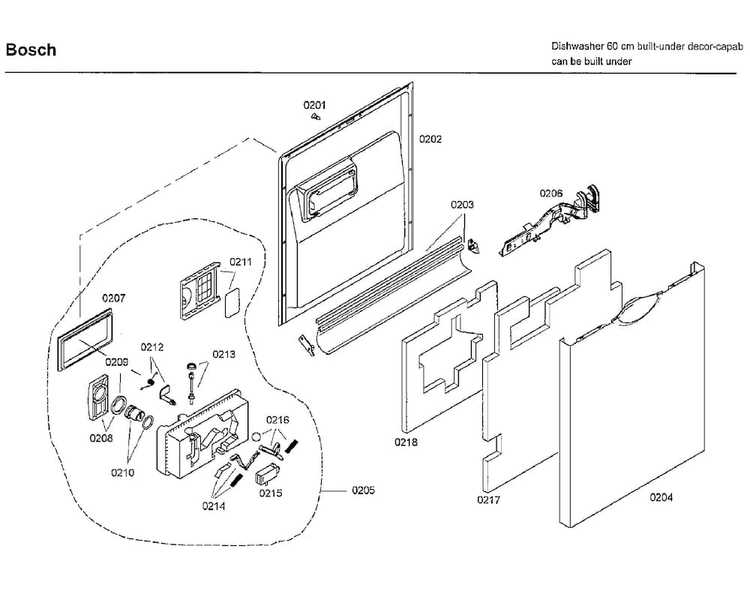 Door Diagram and Parts List for SHE66C02UC 40 Bosch Dishwasher