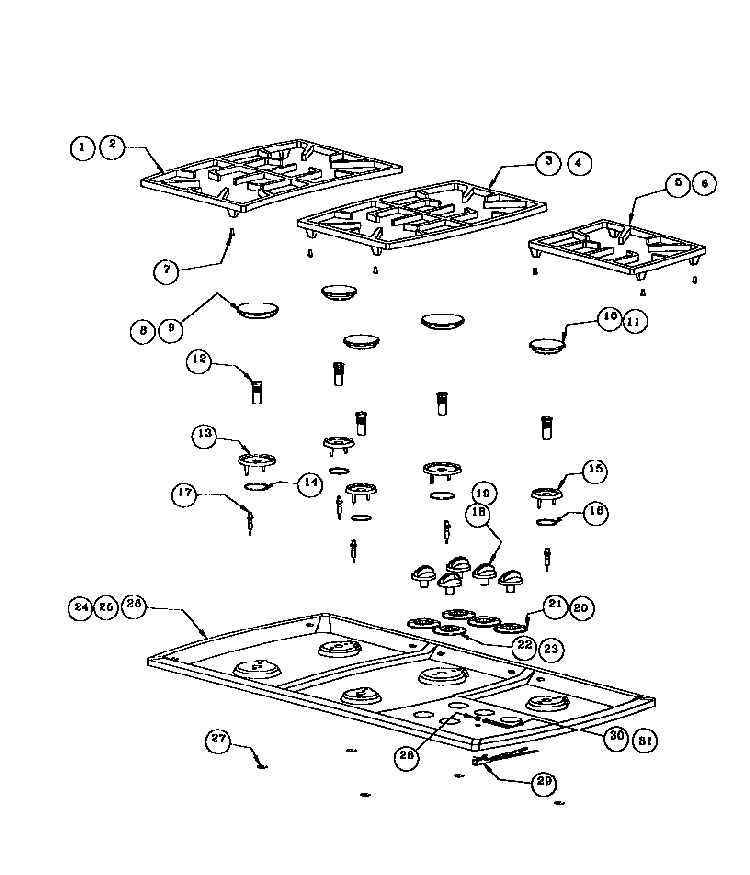 Maintop Components Diagram and Parts List for SGCS365RB  Thermador Cooktop