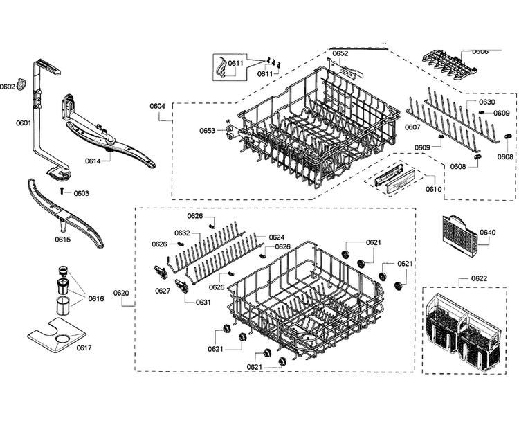 Baskets Diagram and Parts List for SHX65P06UC 58 Bosch Dishwasher