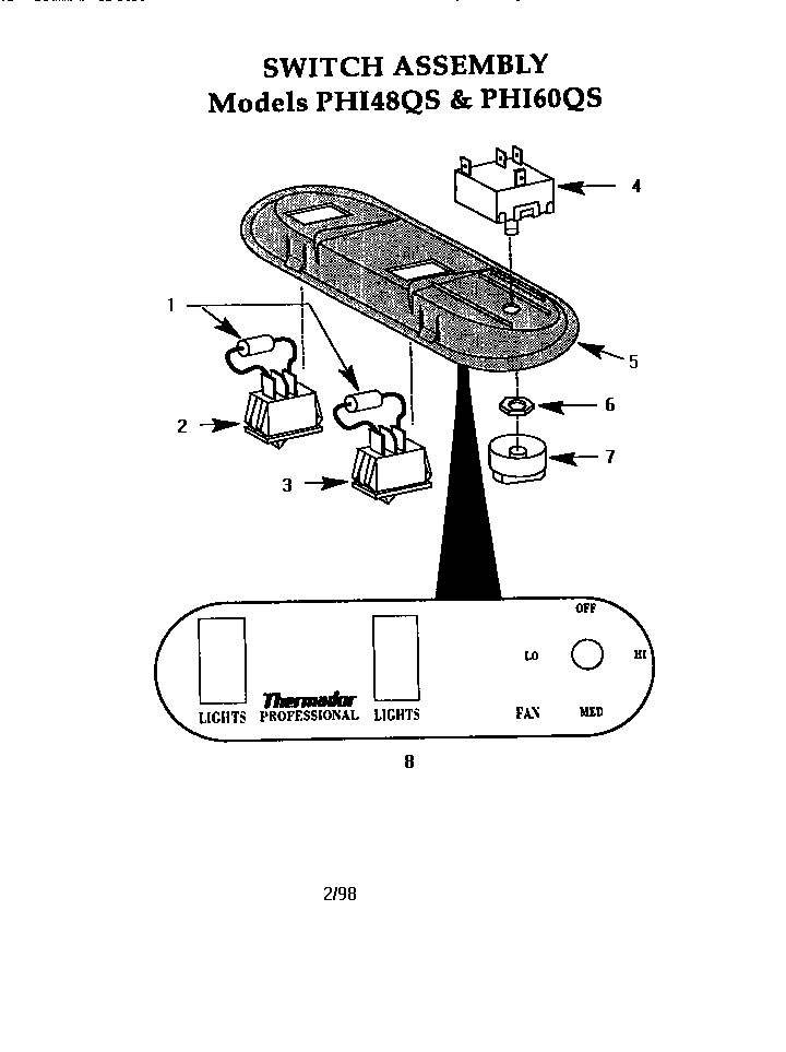 Switch Assembly Diagram and Parts List for PHI60QS  Thermador Range Hood