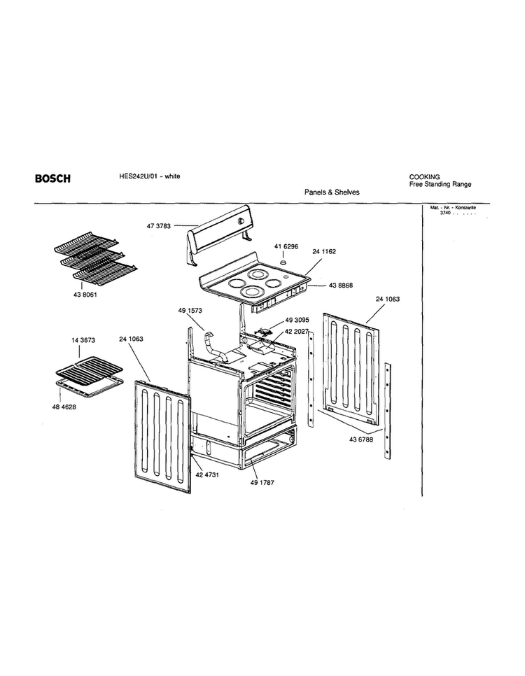 Panels And Shelves Diagram and Parts List for HES242U 01 Bosch Range