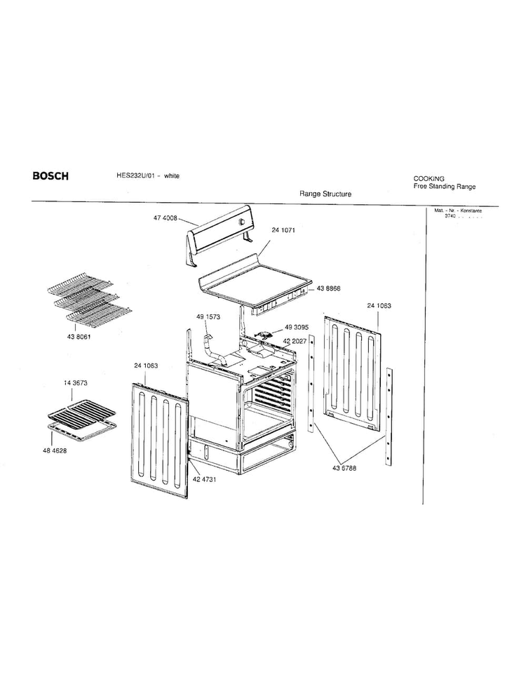 Range Structure Diagram and Parts List for HES232U 01 Bosch Range